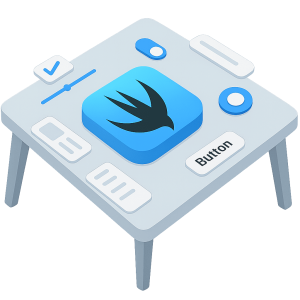 Ilustración isométrica de una mesa con el icono de SwiftUI y componentes alrededor.
